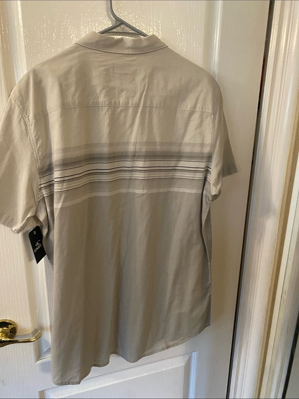 O'Neill Men's Short Sleeve Button-Up Shirt — Beige with Gray Stripes - Picture 4 of 4